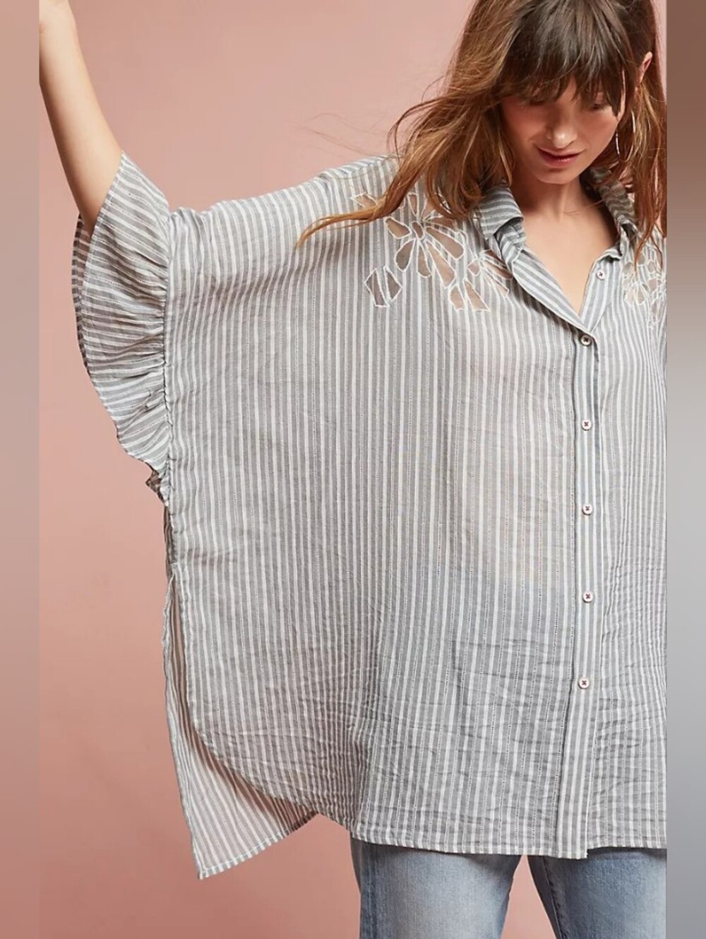 Maeve Anthropologie Gray White Striped Betty Oversized Button Down Shirt Sz XS/S